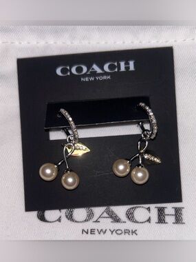 Coach Cherry Pearl Drop Earrings on  pave crystal hoops with leaf,dustbag NWT